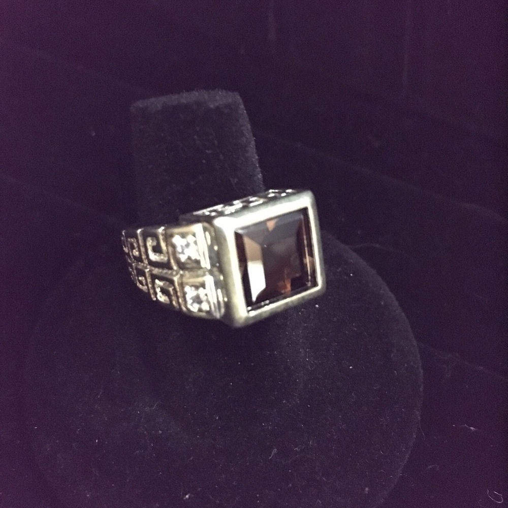 Silver & Smoky Quartz & CZ Ring, Size 6